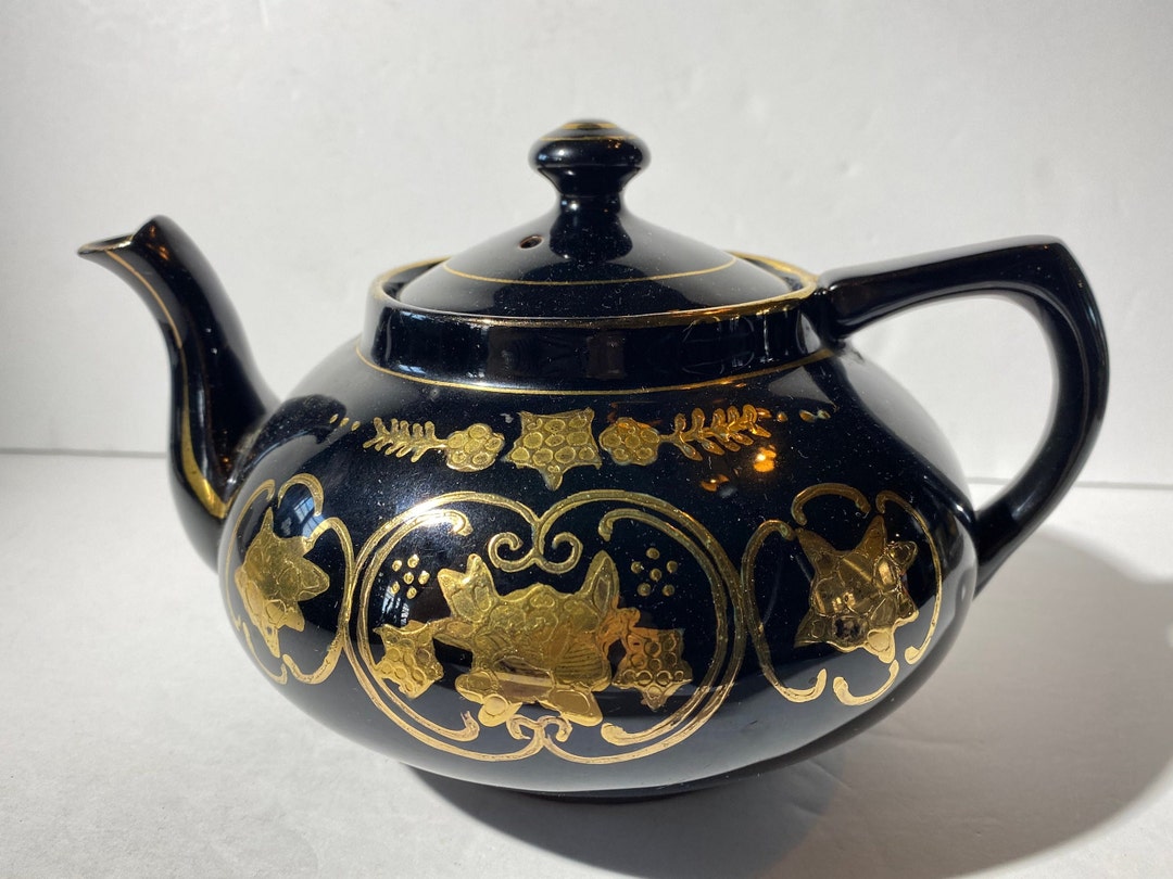 Vintage Black and Gold Teapot With Floral Design Coffee Pot Midcentury