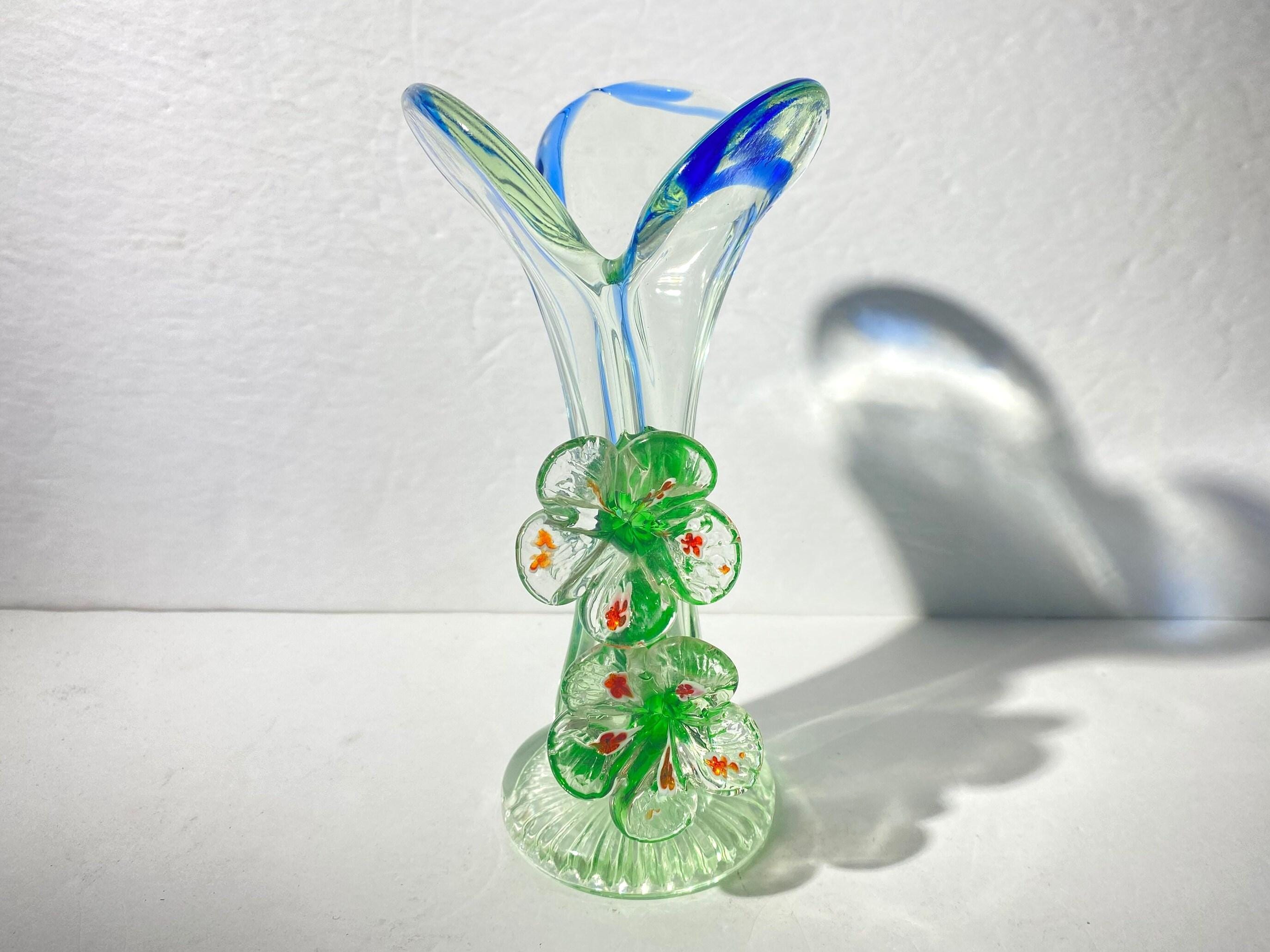 Green Blue Clear Glass Bud Vase heavy glass vintage art glass with applied glass flower 7.5 inches tall