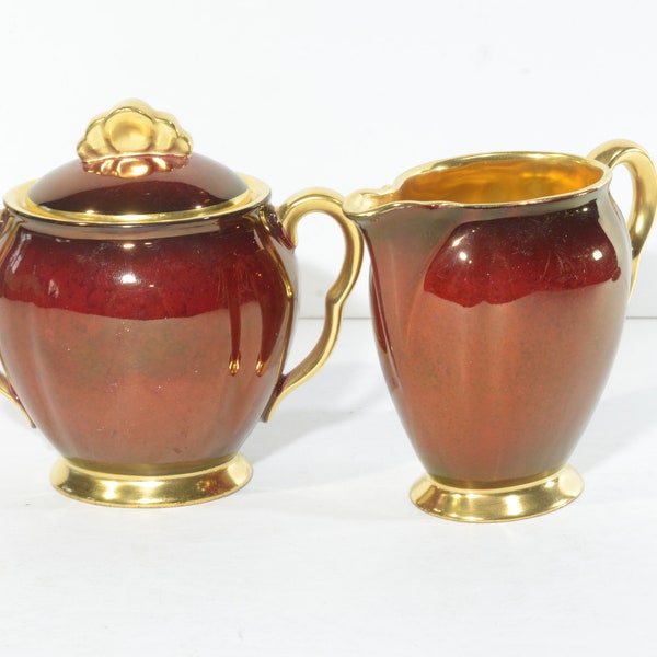 Vintage Rouge Royale Carlton Ware  sugar bowl and creamer set lid Vintage England red gold Rare