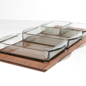 Vintage Danish teck serving tray set rectangular divided insert buffet Mid century mcm glass Scandinavian Kastrup Holmegaard Denmark