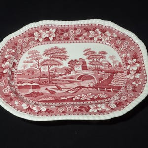Copeland SPODE'S TOWER Pink platter serving plate 12.5 inches bone china England  transferware scene rose floral Spode Newer backstamp
