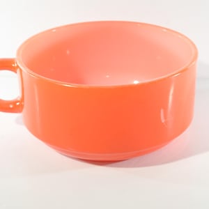 Glasbake Vintage Orange Milk Glass Soup Bowl J-2711 Soup mug D Handle 4.75&quot;D Chowder Bowl Stackable mcm made in USA SCRATCHES