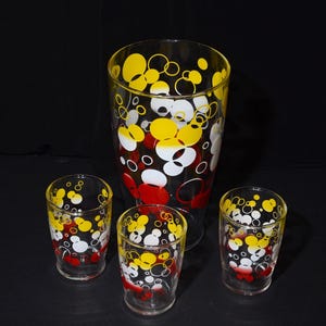 Set van 3 shooter-glazen en een mixer Rood, gele en witte stip MCM-drankset Bart Cart Mixology Bargerei Shooter Vintage cocktail