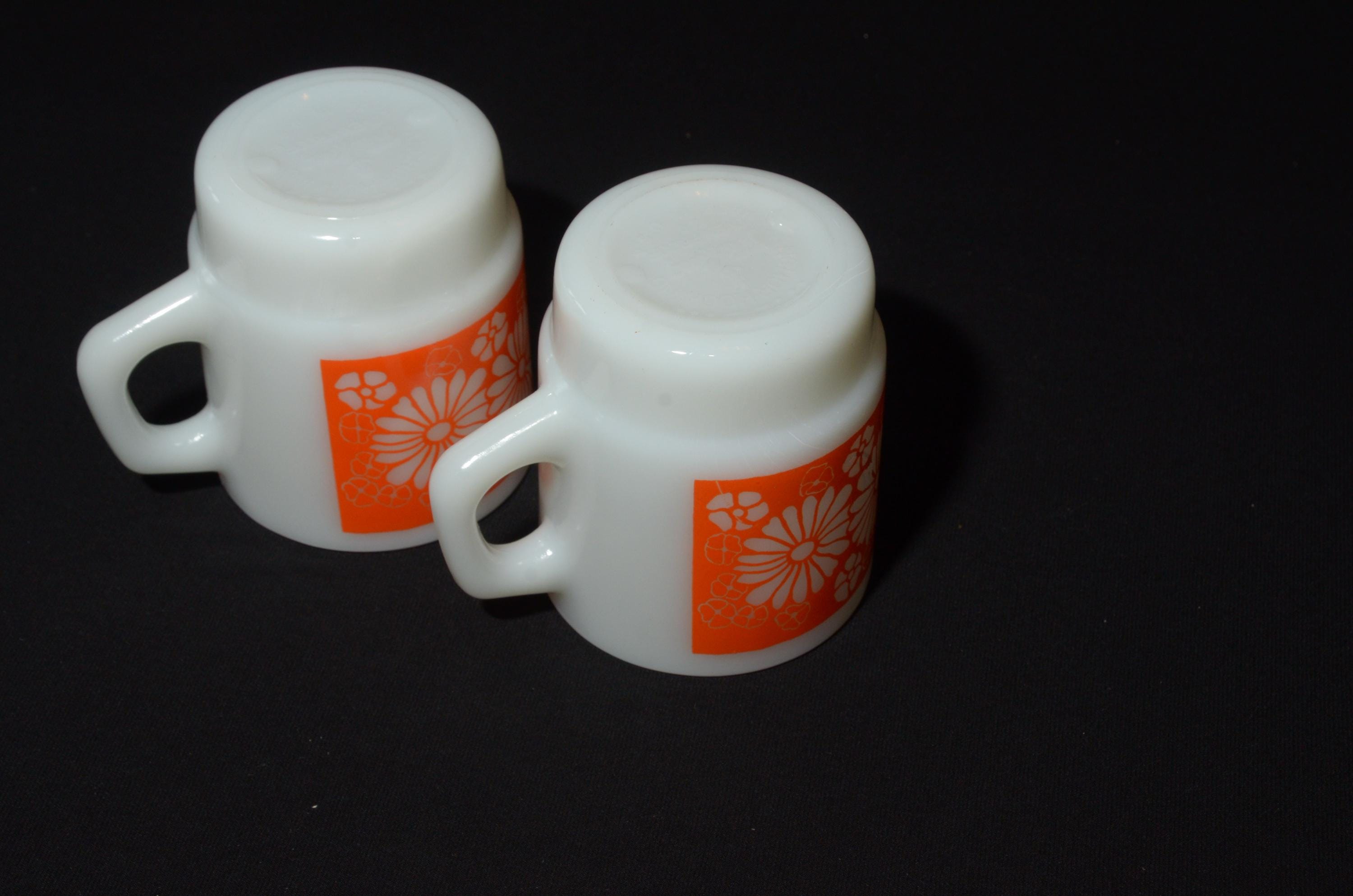 Set of 2 FIRE KING Vintage Orange Daisy Milk Glass Coffee
