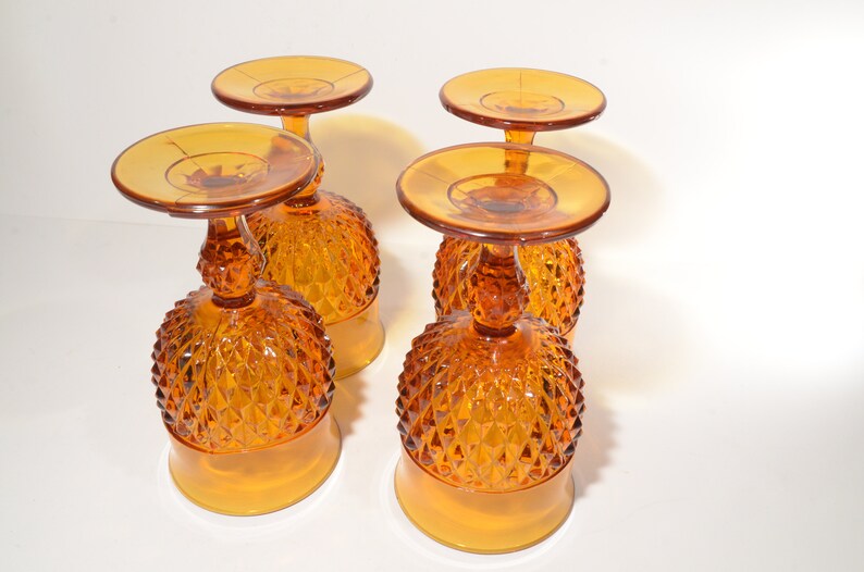 Vintage Diamond Point Amber Set of 4 Water Goblet Footed 6.5 tall Wine by Indiana Glass mcm image 4