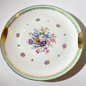 Dawo & Dotter Limoges France hand painted large round platter floral bouquet gold rim mint green band porcelain tray 11 1/2&quot; in diameter