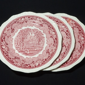 Antique Mason's Vista set of 3 luncheon plate 9 inches Bone China England red pink transferware leaves landscape Gadroon Edge CRAZING on 1
