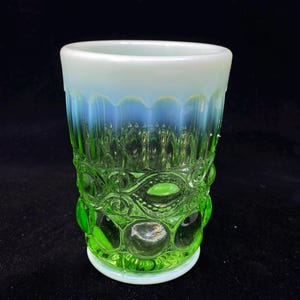 Mosser Eye Winker Green Opalescent tumbler  art glass 4 inches tall Cambridge Opal Panels Dots Scrolls made in USA 8 oz 2008 No uranium