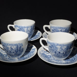 Vintage Enoch Wedgwood Countryside set of 4 Teacup and Saucer set Tunstall tree landscape scenery Bone China England transferware ot