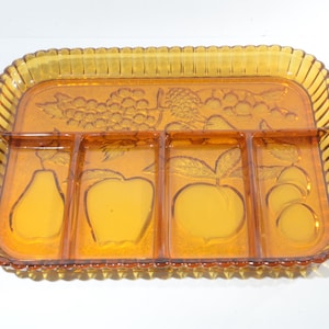 Indiana Glas Relish Tablett Bernstein Ringelblume Luster Obst-Servierplatte Geteilt 5-teilig USA Bubble Griff winziger Chip am Griff