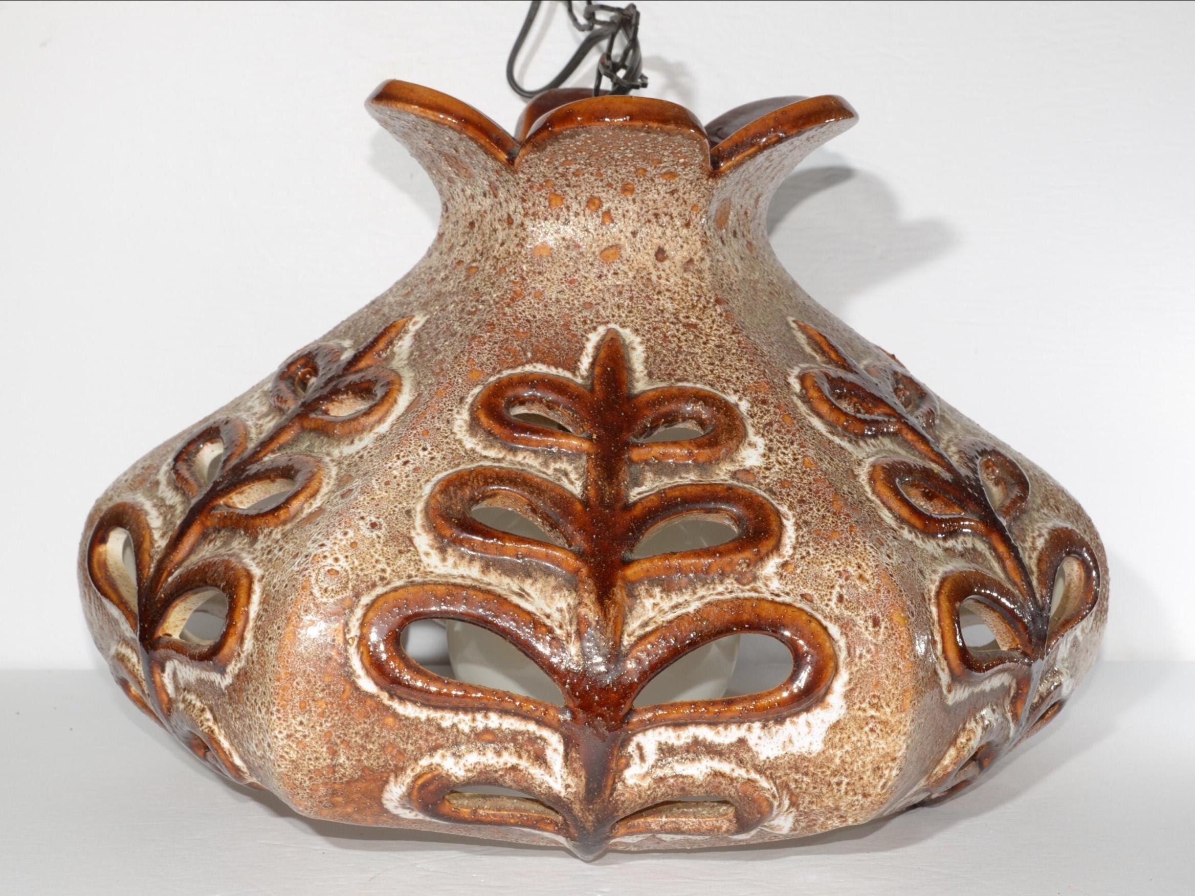 Vintage CHALVIGNAC Suspended Lamp Ceramic 1970s Brown Flower Mid