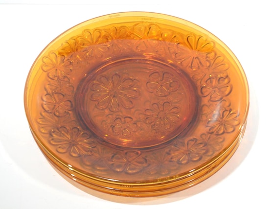 Vintage Vereco Set of 4 Amber Daisy Plate 7.5