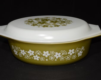 PYREX Daisy Spring Blossom Kasserolle mit Opaldeckel 2 1/2 Qt 1970s vintage 045 grüne Daisy crazy Daisy