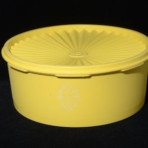 May include: A yellow plastic container with a matching lid. The lid has a sunburst design. A white floral design is on the side of the container. The container is round and has a diameter of approximately 6 inches.