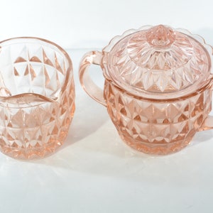 Jeannette Glass WINDSOR Pink Depression Glass creamer and sugar Pressed Glass diamond pink glass lid