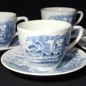 Vintage Enoch Wedgwood Countryside set of 4 Teacup and Saucer set Tunstall tree landscape scenery Bone China England transferware