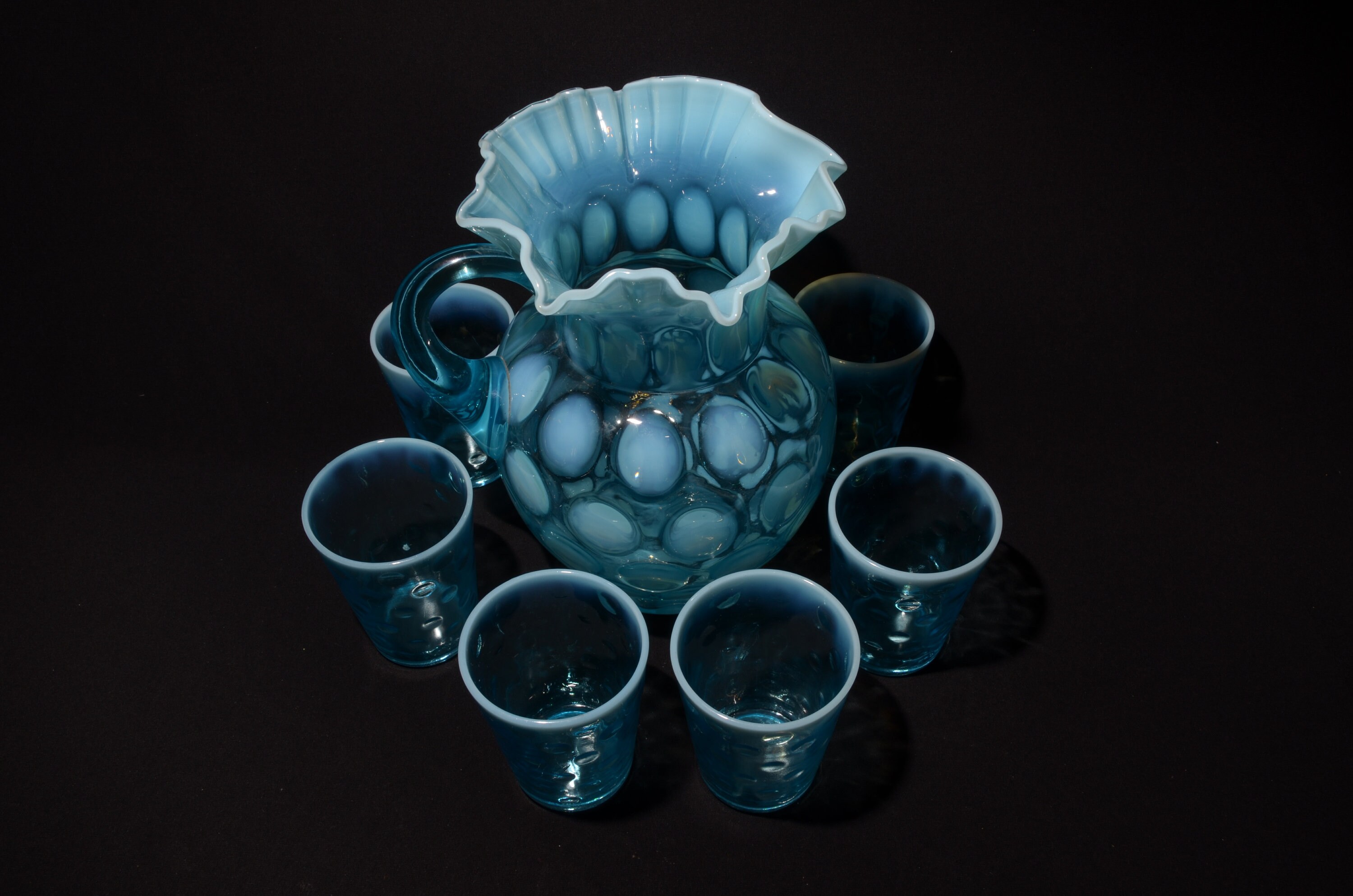 Fenton Blue Opalescent Coin Spot Dot Glass Pitcher 6 Tumbler