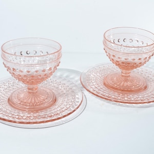 Set of 2 HOBNAIL Pink depression glass champagne footed sherbet plate saucer Vintage Hocking Glass