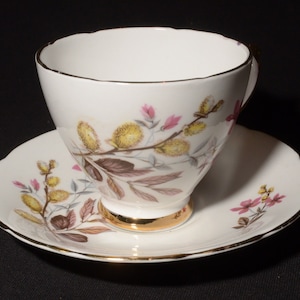 Vintage Delphine Teacup & Saucer wildflowers Bone China Gold Rimmed Floral Footed Made in England footed