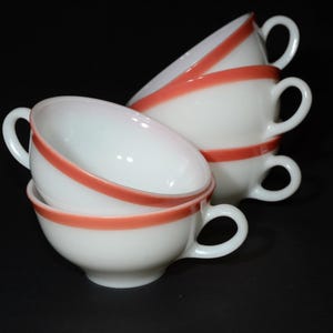 Incredibile set PYREX di 5 tazze da tè con bordo rosa e fascia fenicottero rosa SENZA piattino Vintage Pyrex anni '50 Stoviglie da cucina vintage Canada