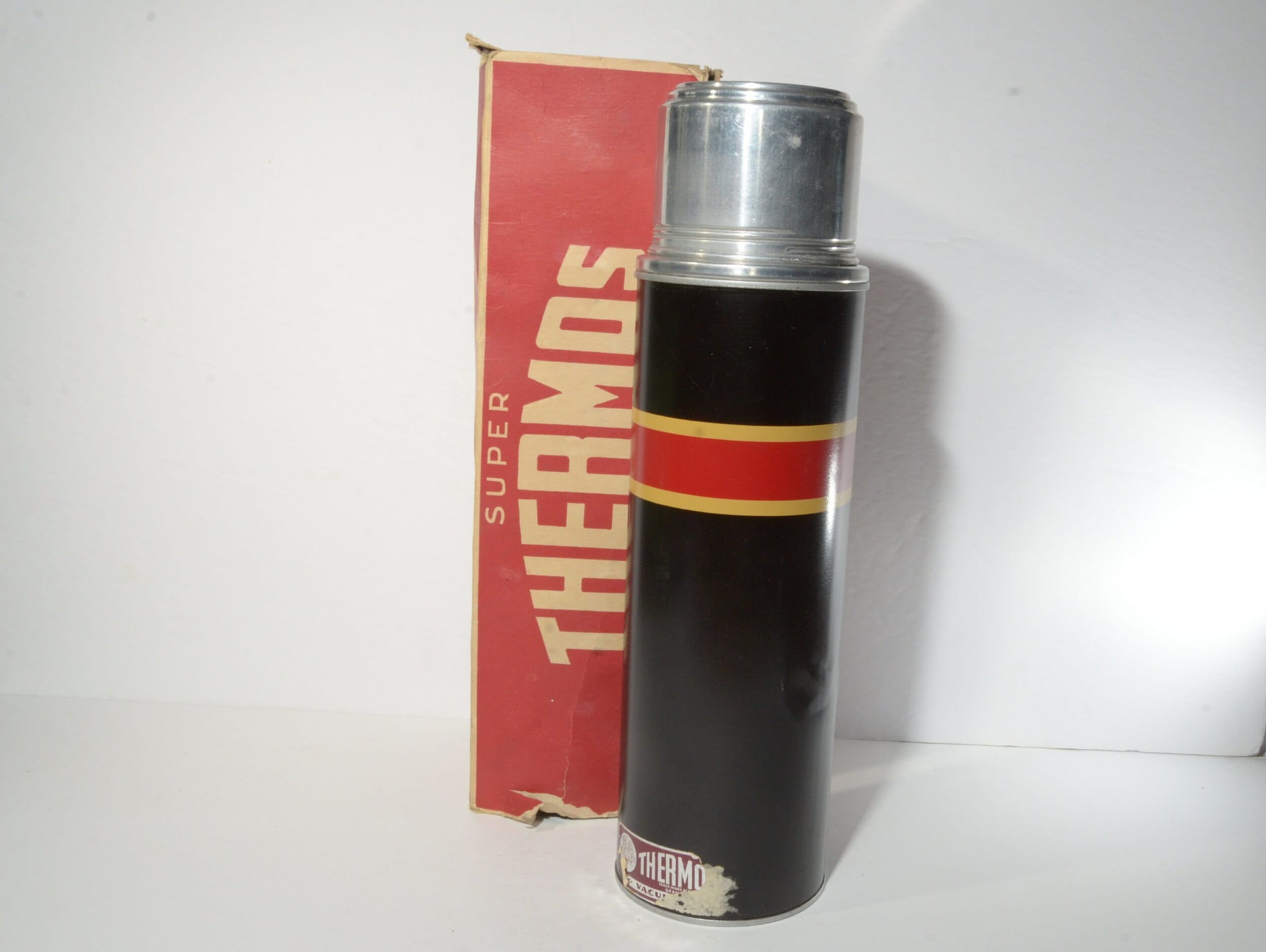 Vintage Thermos/ Red/ Thermos/ Old Label/ Advertising/ Striped