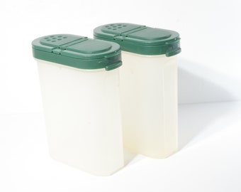 TUPPERWARE Set of 2 large spice container shaker 4.5 inches tall Plastic flip lid forest green 1946 retro