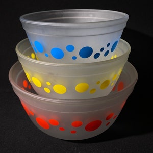 Puede incluir: Tres cuencos de cristal esmerilado con diseños de lunares de colores. El cuenco superior tiene lunares azules, el cuenco del medio tiene lunares amarillos y el cuenco inferior tiene lunares rojos.