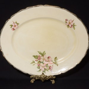Vintage ROYAL SWAN Blossomtime platter 14 inches serving plate Bone China England Staffordshire 22 Kt gold floral brushed gold rim CRAZING