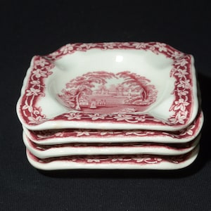 Antique Mason's Vista set of 4 Spoon rest or Coaster Pin dish 4 1/4" Bone China England red pink transferware leaves landscape ashtray