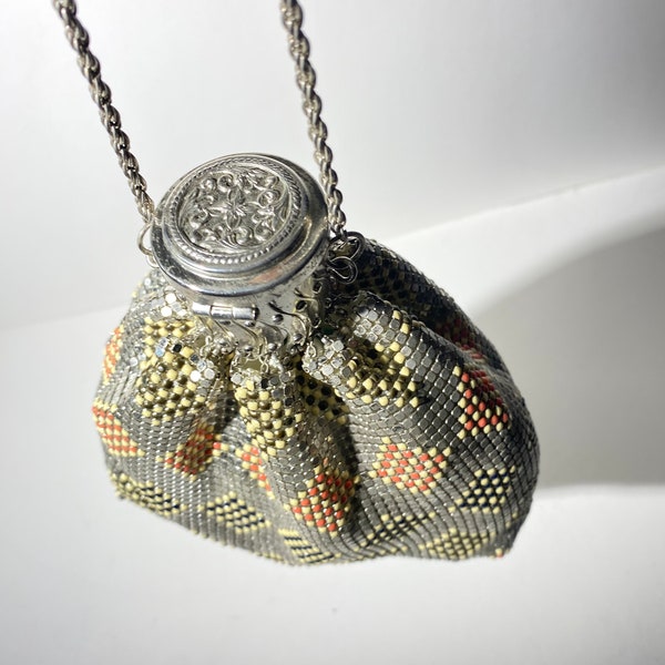 Sac à main en maille extensible vintage, poche pour sac à main, ton argenté, motif rare en losanges, perles colorées, porte-monnaie accordéon