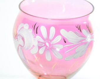 Cranberry Glass pink Vintage drinking glass vase white flowers globe vase glassware blown pedestal