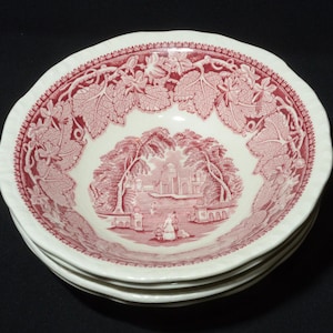 Antique Mason's Vista  set of 4 coupe cereal bowl 6 inches Bone China England red pink transferware leaves landscape Gadroon Edge CRAZING