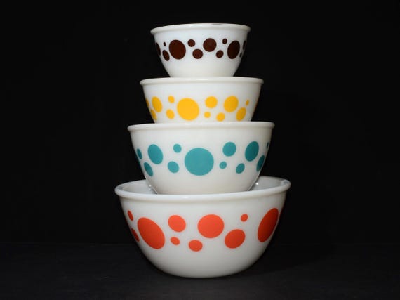 HAZEL ATLAS Dots Mixing Bowl Set All 4 pieces Orange Turquoise Yellow & Brown  Collectible Milk Glass Mid Century retro vintage rare AMAZING