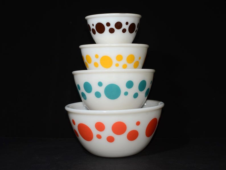 HAZEL ATLAS Dots Mixing Bowl Set All 4 pieces Orange Turquoise Yellow & Brown Collectible Milk Glass Mid Century retro vintage rare AMAZING image 1