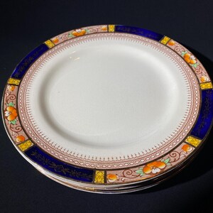 J&G Meakin Sol Queen Mary set of 4 dinner plate almost 10 inches band England ironstone 391413 gold cobalt rim rust yellow flowers CRAZING