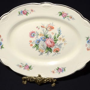 HOMER LAUGHLIN serving plate platter ironstone vintage Ohio USA 11 3/4&quot; Pottery F46N8 floral bouquet rose embossed