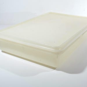Puede incluir: Un recipiente rectangular de plástico blanquecino con tapa a juego. El recipiente tiene bordes ligeramente redondeados y una superficie lisa. La tapa encaja perfectamente, creando un espacio de almacenamiento sellado. Para guardar alimentos.