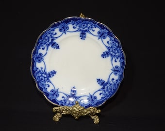 Antique Flow Blue plate 8 inches by Myott and son Imperial semi porcelain cobalt blue embossed rim  Monarch gold rim crazing