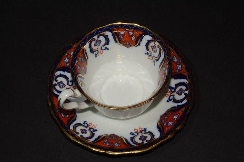 Antique FENTON Staffordshire Paladin China E. Hughes & Co Teacup and Saucer mod orange blue gold Gold Rimmed England L106 rare image 9