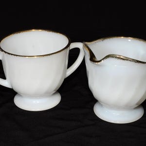 FIRE KING Gold Swirl Fire King Golden Anniversary Creamer and Sugar Bowl 1950s Milk glass Set 22K Gold Trim Wedding Table Dishes White