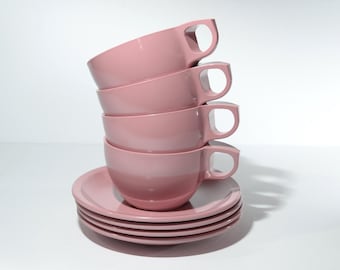 Juego vintage de 4 tazas y platillos MELMAC GPL rosas. Plástico duro de melamina de mediados de siglo. 8 mcx Canadá. Taza de té 310 rosa oscuro.