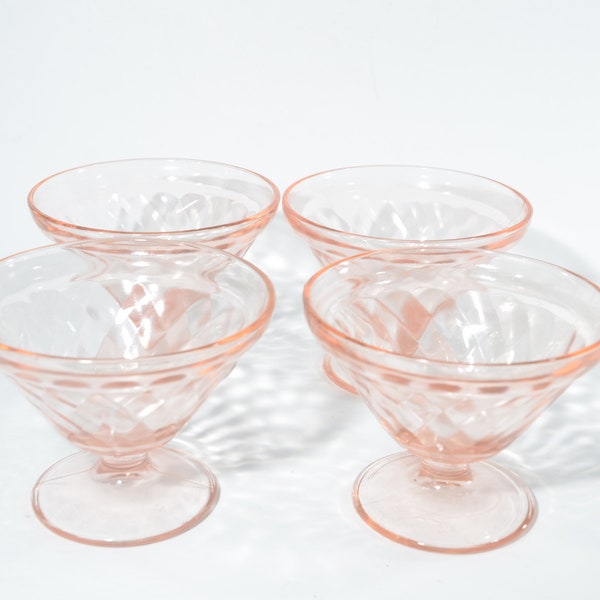 Set of 4  Hazel Atlas Vintage Diamond Optic Pink depression glass sherbet dish footed pink depression Pink glass band rim