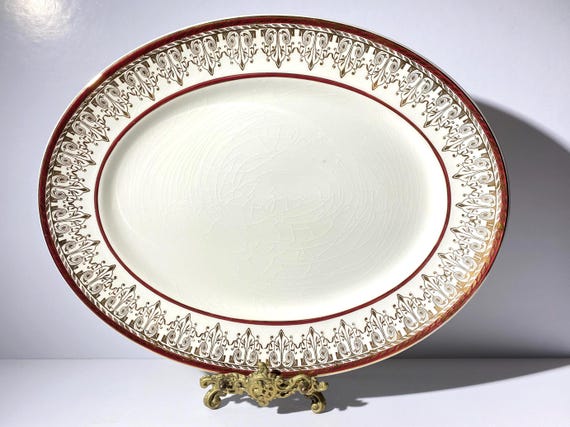 MYOTT, Son and Co Staffordshire platter serving plate large plate 14 1/2" Maroon Ring Gold Scrolls and Trim England 2732BU Staffordshire