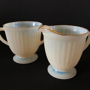MacBeth Evans Depression Glass PETALWARE Cremax Gold trim Creamer and Sugar Bowl Set Vintage opalescent