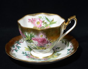 Vintage Queen Anne Bone China Teacup and Saucer Set, Mary Fedden Floral Design, Heavy Gold Trim, Made in England 1950s, Collectible Tea Cup