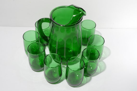 Anchor Hocking Forest Green Glass Pitcher Set 8 Tumbler Lemonade