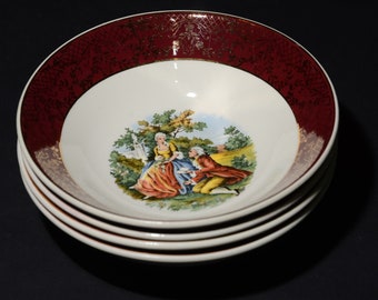 Set of 4 Vintage Original Versailles bowl 22k Gold British Empire Ceramics Dinnerware Burgundy Rim Red Rim Gold Filigree Lattice People