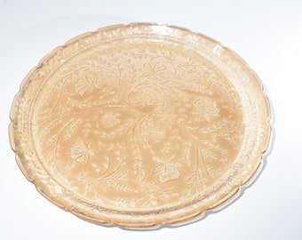 Plato grande redondo de vidrio vintage de la época de la Depresión FLORAGOLD Louisa Jeannette Glass color caléndula. Plato redondo para sándwiches de la época de la Depresión, estilo carnaval.