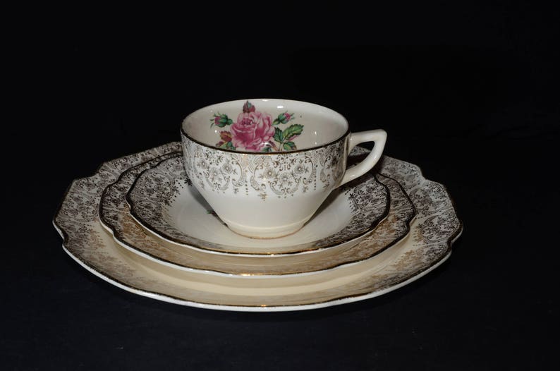teacup and saucer vintage U.S.A. Pink roses 22k gold floral chintz BRIARD rose c.1950s dinnerware set Mid-century DOMINION CHINA