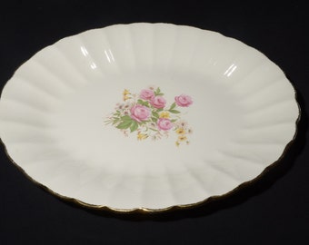 Vintage Sovereign Potters Earthenware large platter oval serving plate 15 inches pink roses floral bouquet rimmed Ironstone Thanksgiving